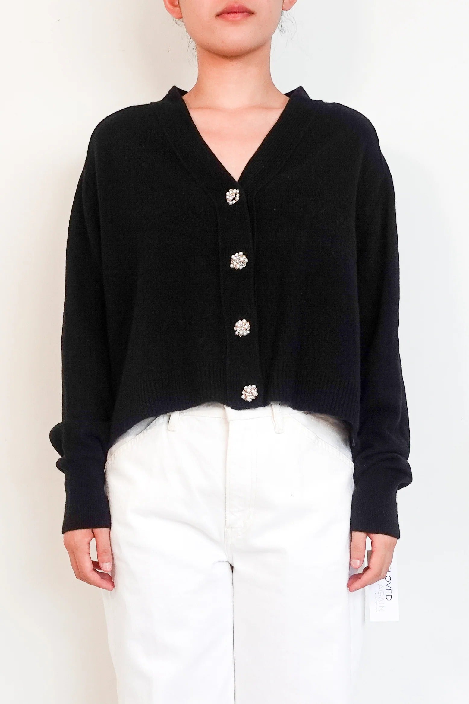 black wool cardigan with pearl and diamante buttons