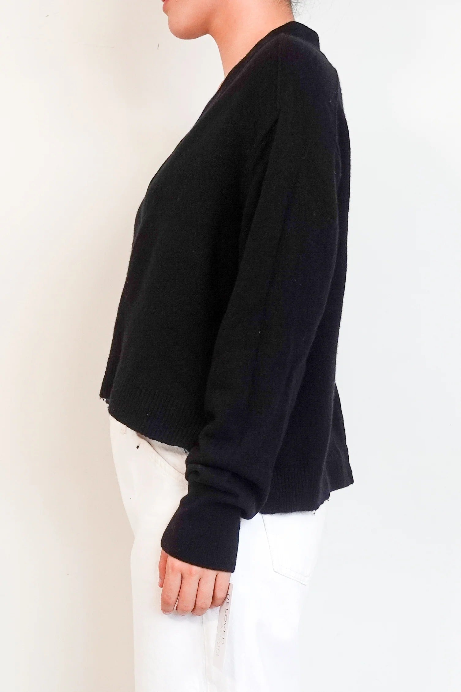 black wool cardigan with pearl and diamante buttons