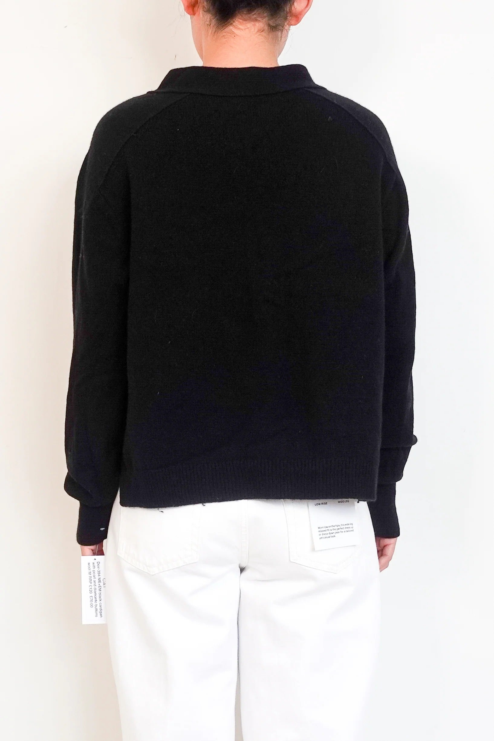 black wool cardigan with pearl and diamante buttons